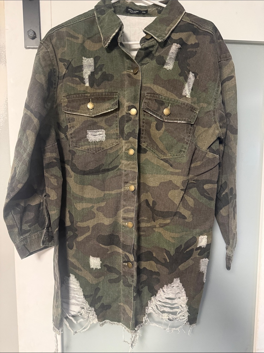 Distressed Camo Utility Jacket with Frayed Hem